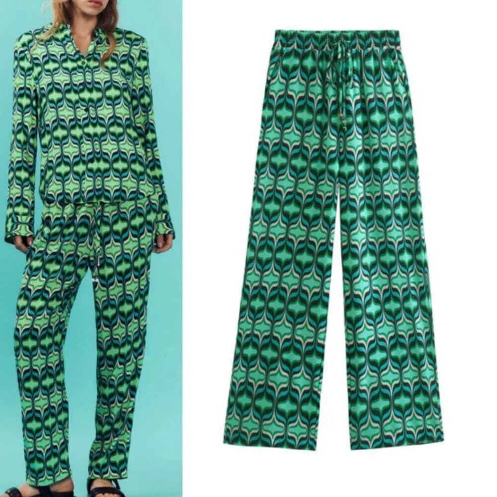 Zara Geometric Print Wide Leg Pants Green Size XL - 47494